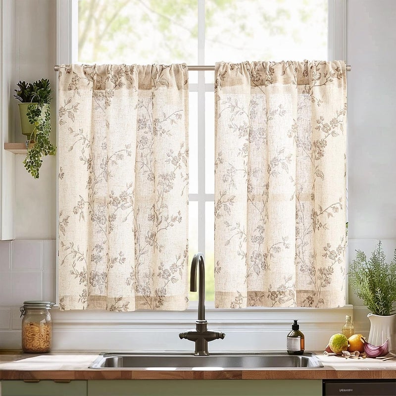 jinchan Floral Kitchen Curtains 36 Inch Linen Tier Curtains Farmhouse Cafe Half Window Drapes Over Sink Light Filtering for Living Room Laundry RV Rod Pocket 2 Panels Taupe on Beige - Image 1